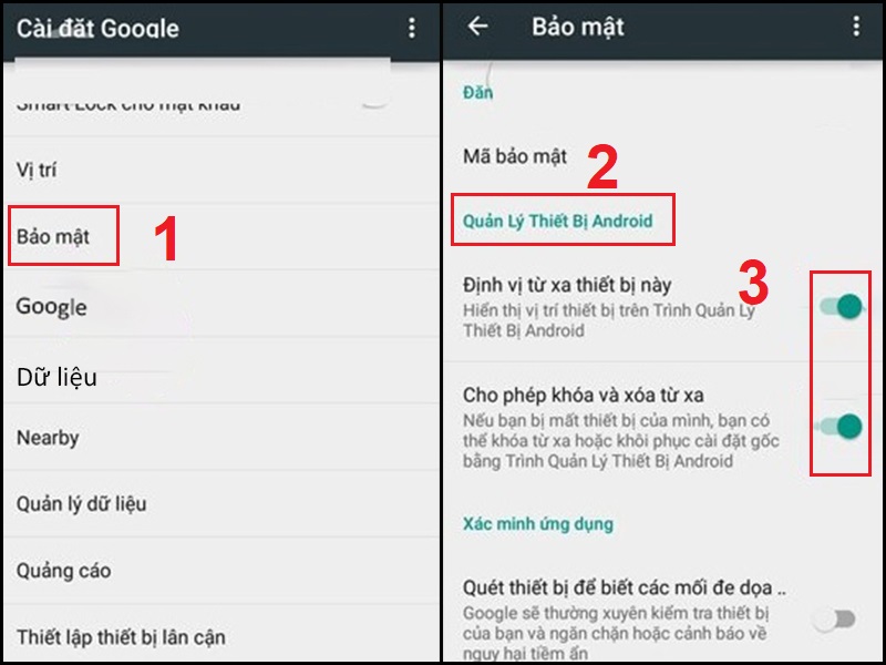 Bật trình quản lý thiết bị Android