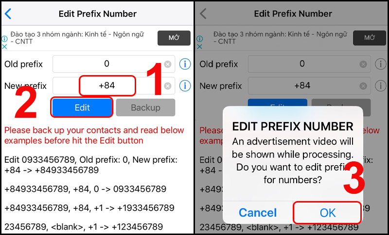 Thay đổi số prefix mới và xác nhận