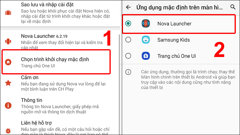 Vào Tùy chọn khởi chạy mặc định và chọn Nova Launcher