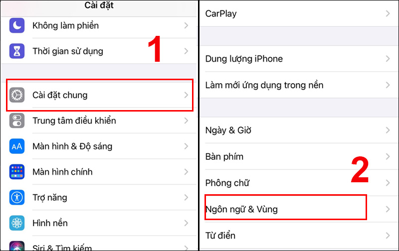 Chọn Ngôn ngữ và vùng trên iPhone