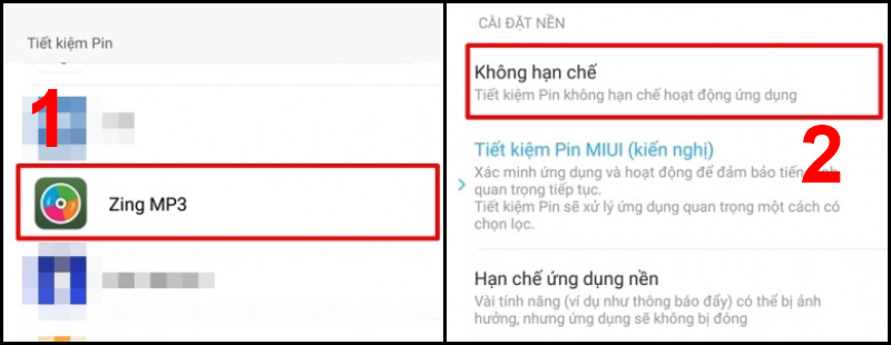 Chọn Không hạn chế trong ứng dụng Zing MP3