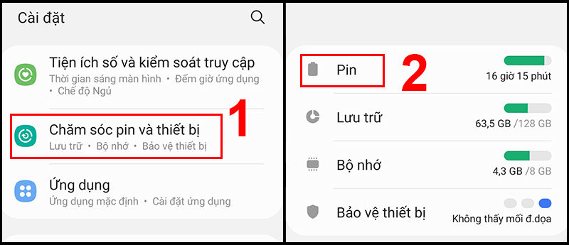 Chọn Pin trong mục Chăm sóc pin và thiết bị