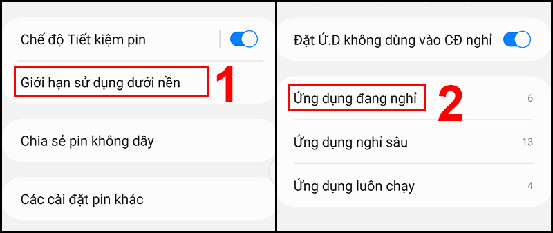 Truy cập vào Ứng dụng đang nghỉ trong Giới hạn sử dụng dưới nền