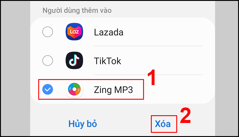 Chọn Zing MP3 và chọn Xóa