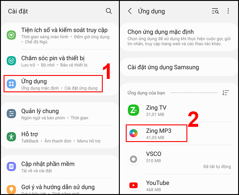 Vào Zing MP3 trong mục Ứng dụng