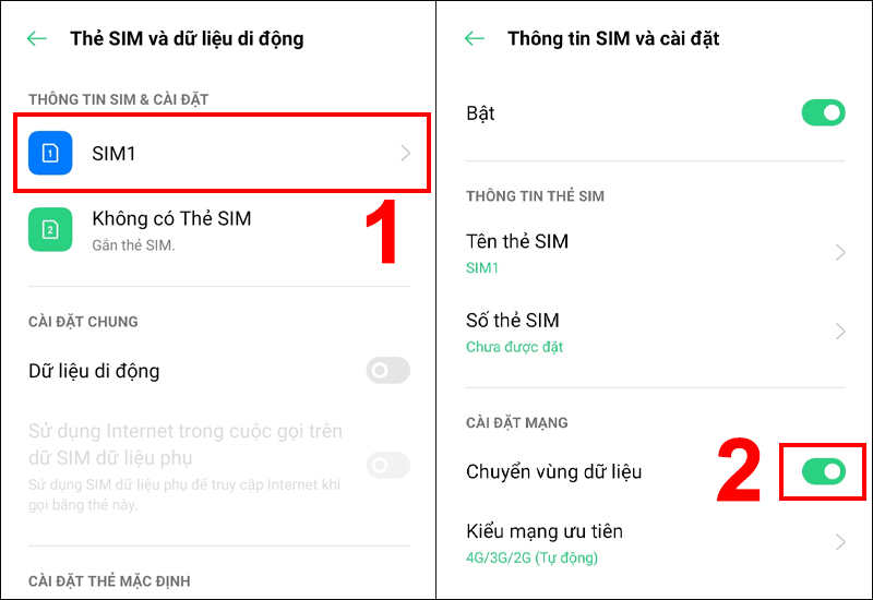 Gạt nút Chuyển vùng dữ liệu sang phải để bật