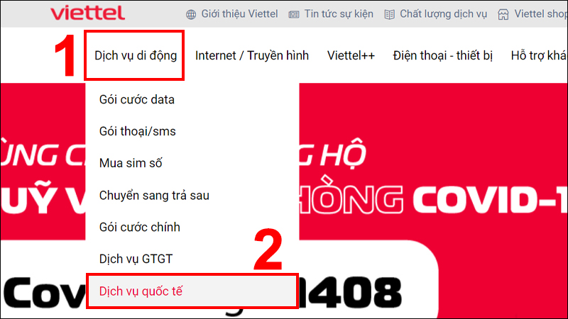 Vào Dịch vụ di động chọn mục Dịch vụ quốc tế