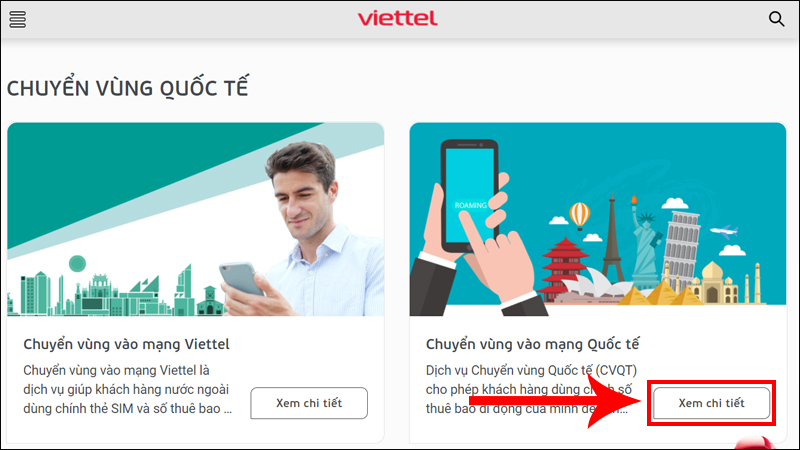 Nhấn Xem chi tiết tại mục Chuyển vùng vào mạng quốc tế 