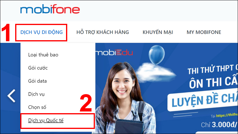 Vào Dịch vụ di động chọn Dịch vụ Quốc tế