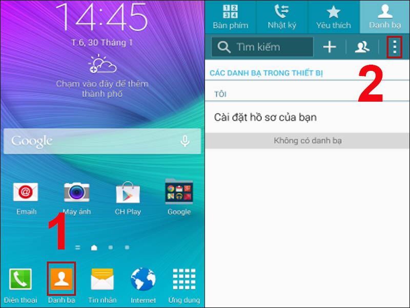 Mở Danh bạ và nhấn vào nút 3 chấm dọc 
