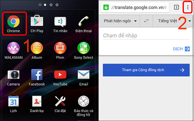 Vào ứng dụng Chrome rồi chọn dấu 3 chấm