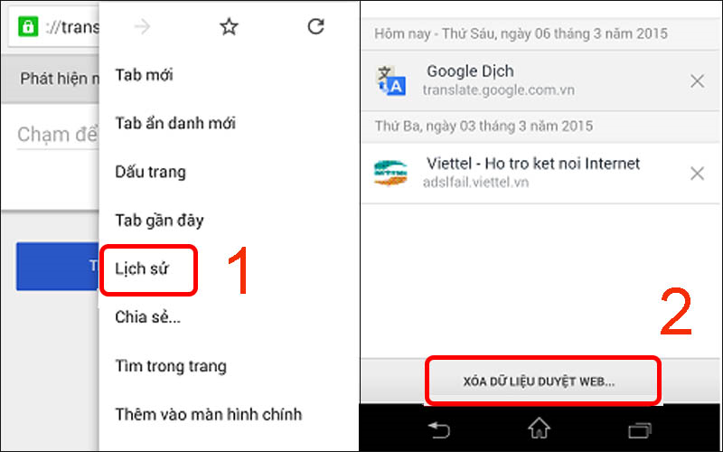  Chọn Lịch sử rồi chọn XÓA DỮ LIỆU DUYỆT WEB