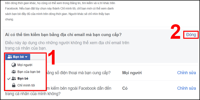 Chọn chế độ quyền tìm kiếm và nhấn Đóng để lưu những thay đổi