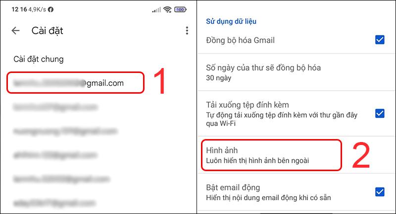 Lựa chọn email bạn muốn cài đặt hiển thị hình ảnh