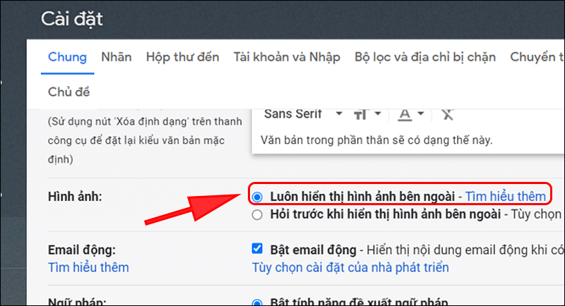 Click chọn mục Luôn hiển thị hình ảnh bên ngoài