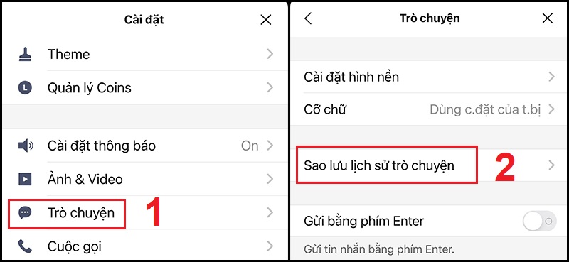 Mở mục Sao lưu lịch sử trò chuyện