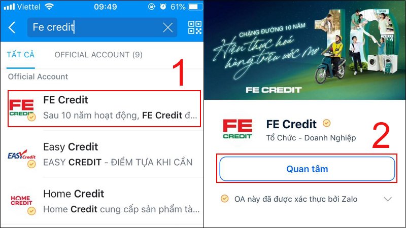 Chọn quan tâm trang FE Credit