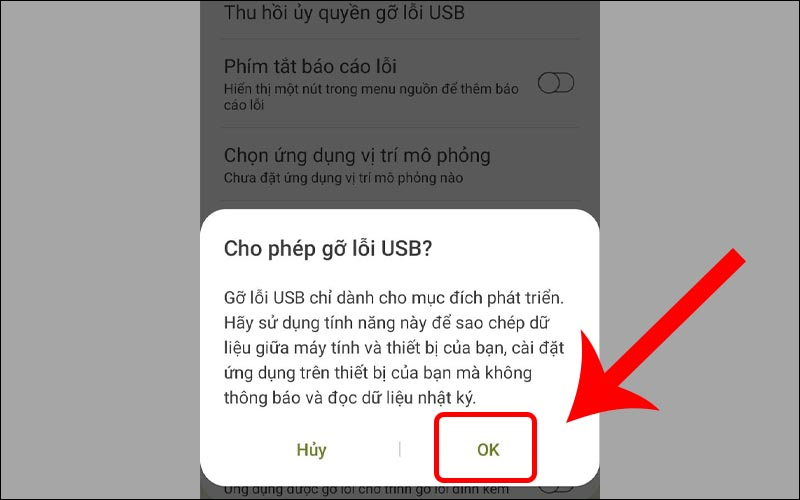 Chọn OK để cho phép bật gỡ lỗi cho USB