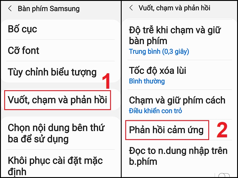 Chọn mở mục Phản hồi cảm ứng