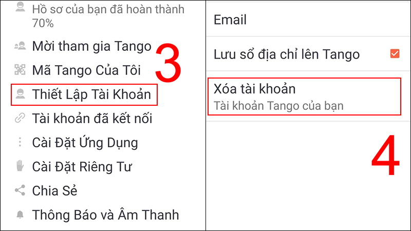 Vào Thiết lập tài khoản, chọn Xoá tài khoản