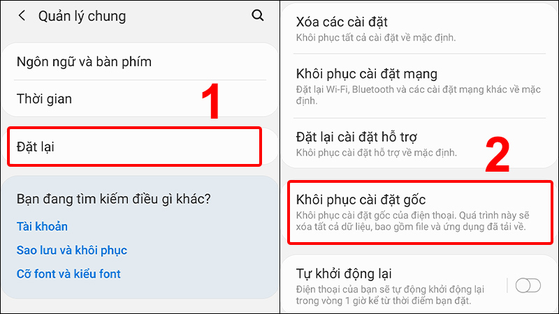 Nhấn Đặt lại và chọn Khôi phục cài đặt gốc