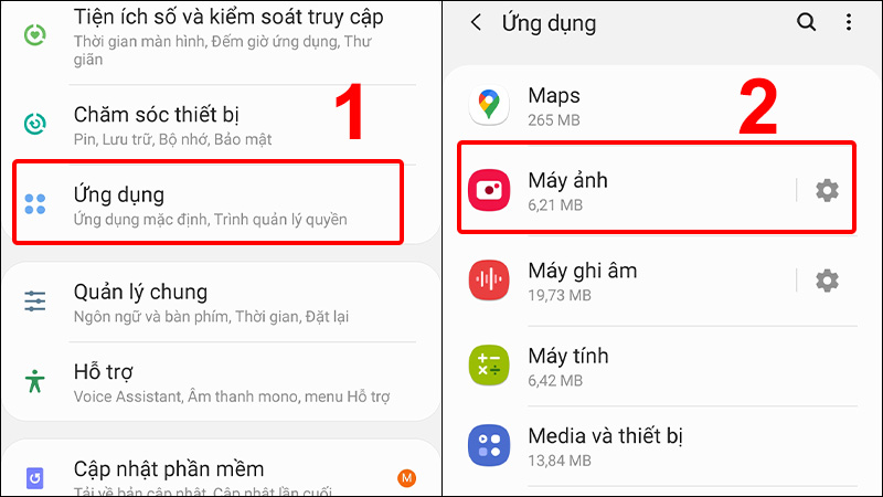  Vào Cài đặt và chọn Ứng dụng, chọn Máy ảnh (Camera)