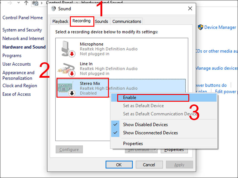 Nhấn chuột phải vào Stereo Mix và chọn Enable
