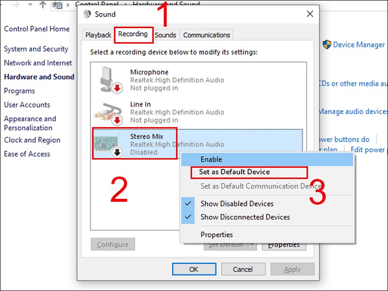 Nhấn chuột phải vào Stereo Mix và chọn Set as default device