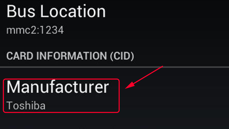 Kiểm tra tên nhà sản xuất thẻ nhớ tại mục Manufacturer