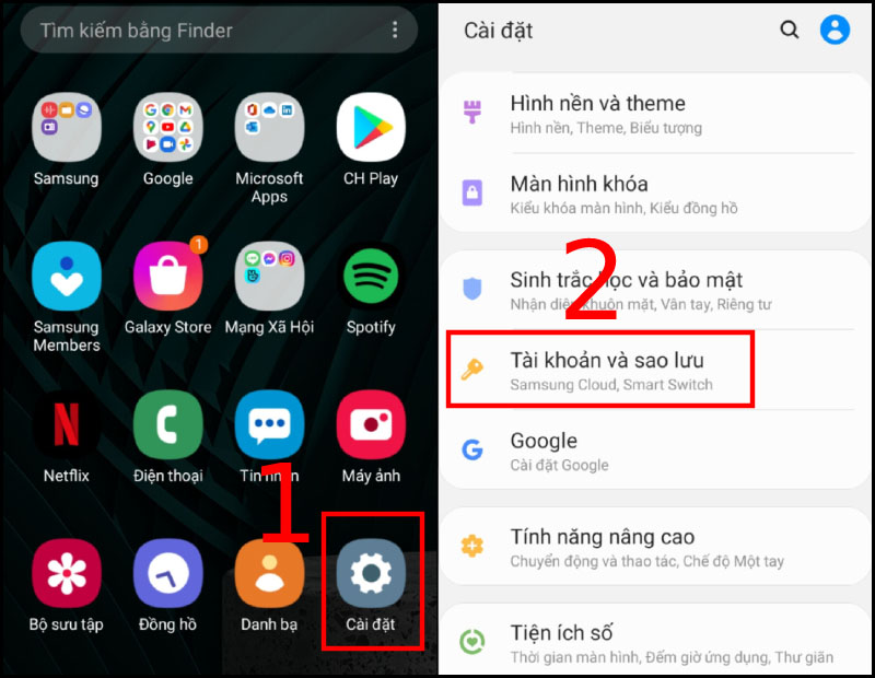 Vào mục tài khoản và sao lưu