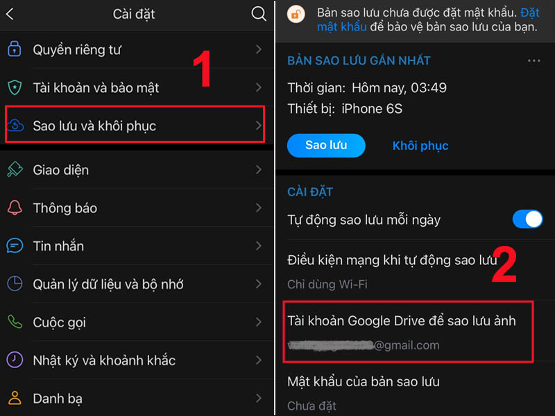 Chọn Sao lưu và khôi phục và chọn Tài khoản Google Drive