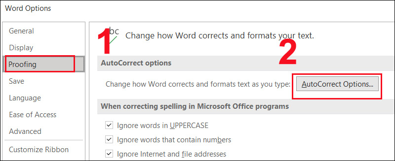 Nhấn Proofing và nhấp vào Autocorrect Options