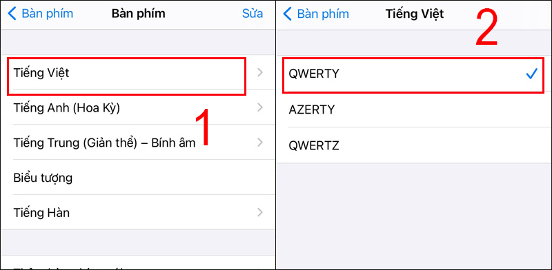 Nhấn chọn Tiếng Việt và chọn QWERTY