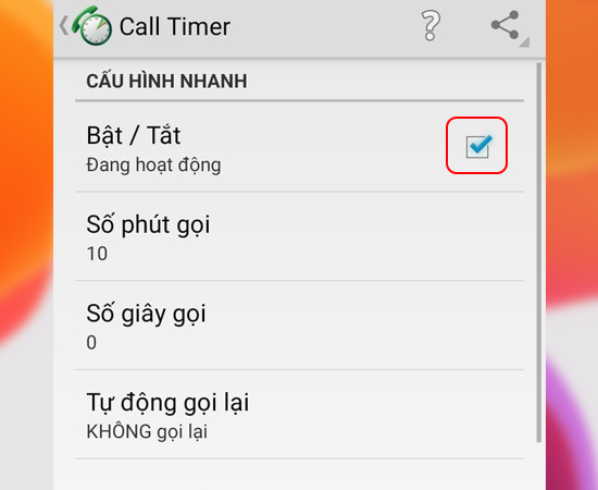 Bước 3: Kế tiếp hãy Bật Call Timer.