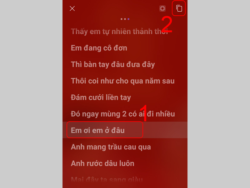 Nhấn giữ vào 1 câu hát bất kỳ và chọn vào biểu tượng sao chép ở góc phải