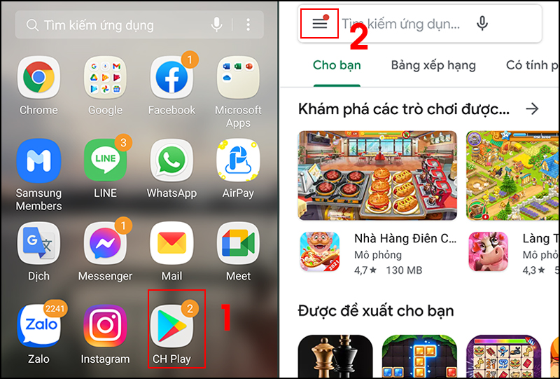 Bước 1: Mở cửa hàng Play > Mở menu ở góc trái.