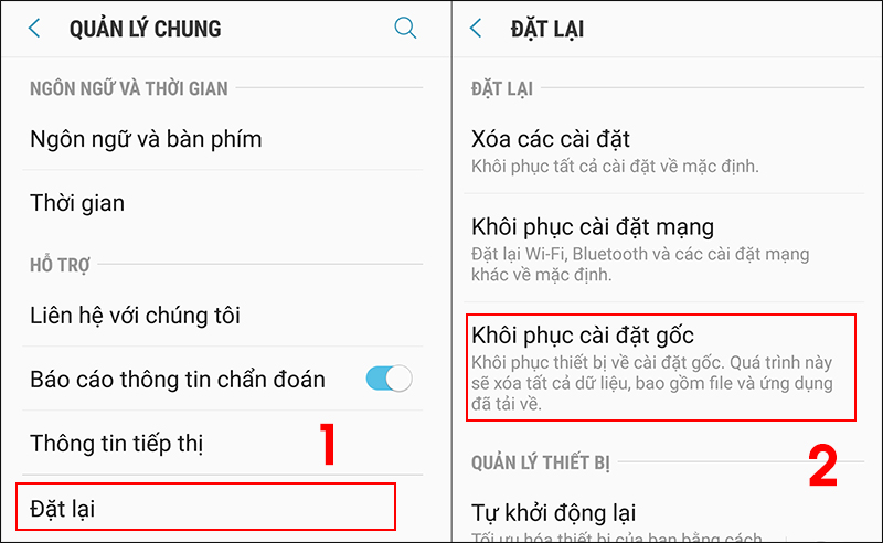  - Bước 2: Tại màn hình Quản lý chung, chọn Đặt lại > Khôi phục cài đặt gốc.