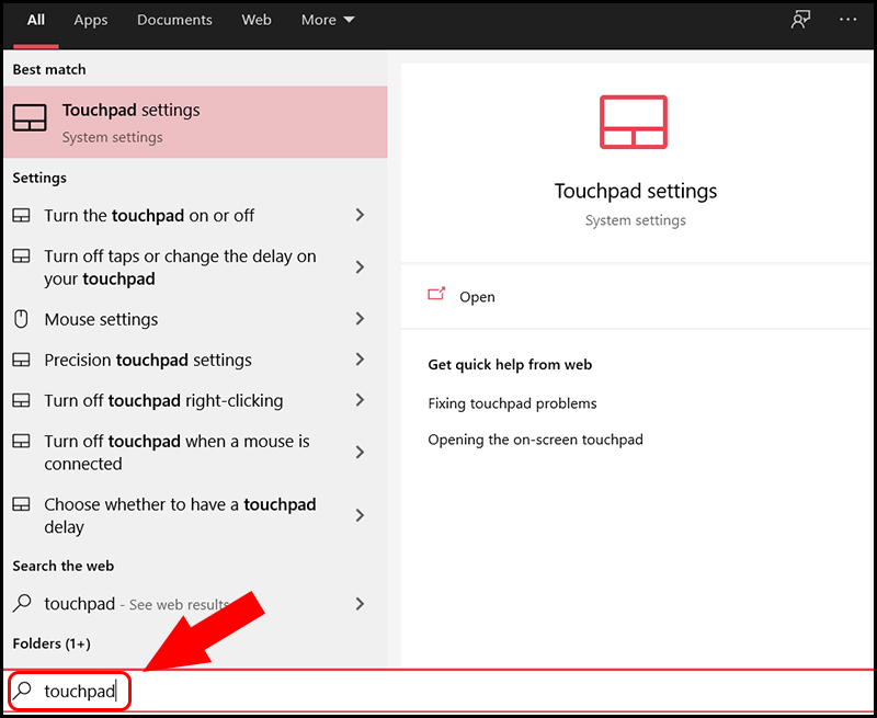 Gõ để tìm mục Touchpad