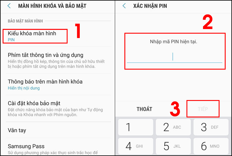 Bước 2: Chọn Kiểu khóa màn hình > Nhập Mã Pin > Nhấn Tiếp.