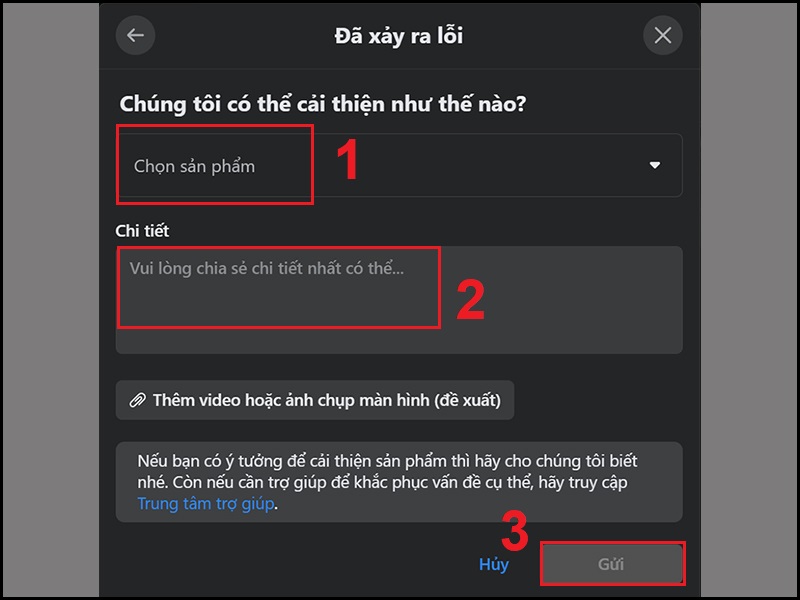 Mô tả lỗi và gửi cho Facebook xem xét