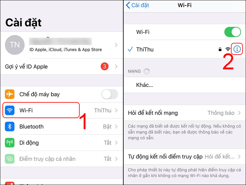 Chọn Wi-Fi và nhấn vào biểu tượng chữ i