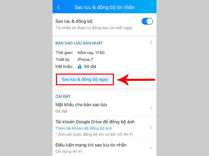 Nhấn Sao lưu & đồng bộ ngay để tiến hành sao lưu