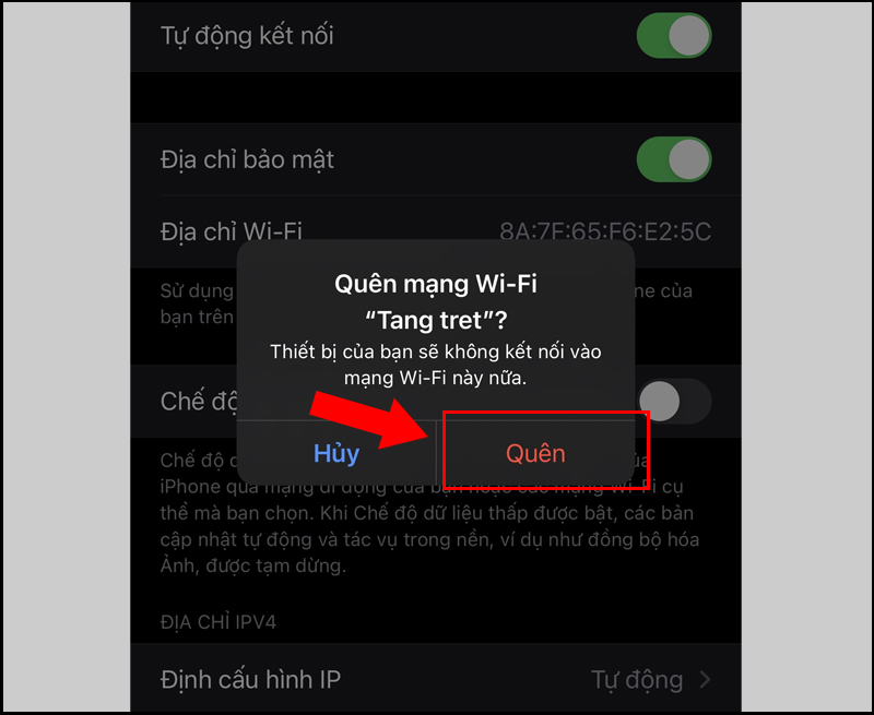 Xác nhận Quên trên iOS