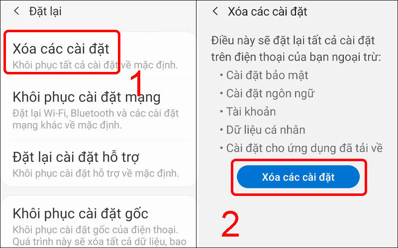 Tiến hành Xóa các Cài đặt