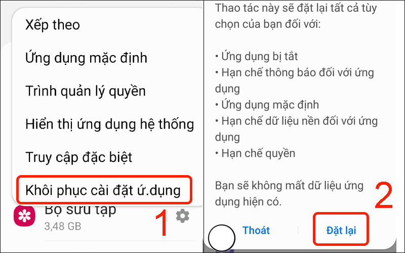 Tiến hành đặt lại tùy chọn ứng dụng