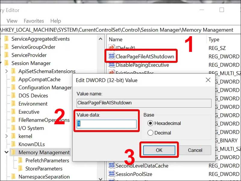 Tìm và chọn key ClearPageFileAtShutdown 