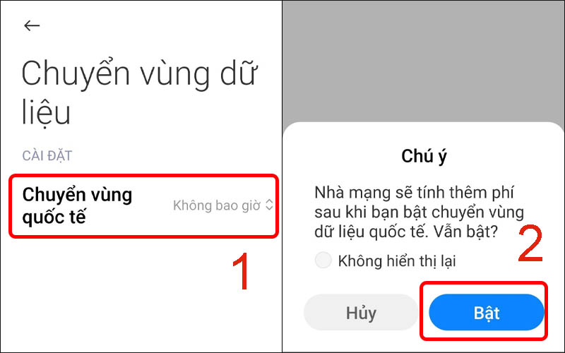 Nhấn vào Chuyển vùng quốc tế rồi chọn Bật để hoàn thành