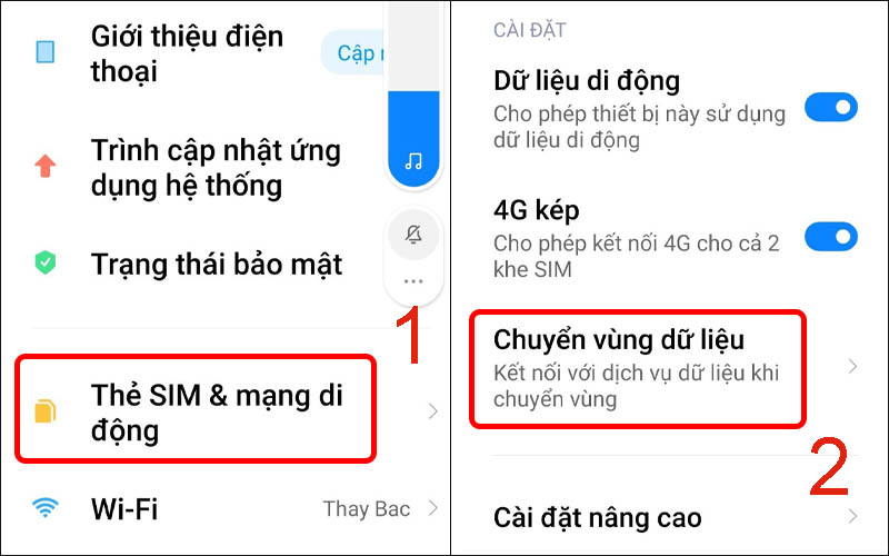  Chọn Thẻ SIM & mạng di động rồi nhấn vào Chuyển vùng dữ liệu