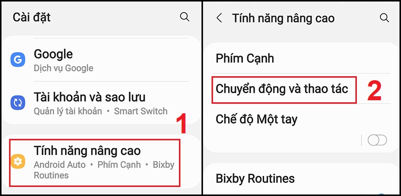 Mở cài đặt Chuyển động thao tác