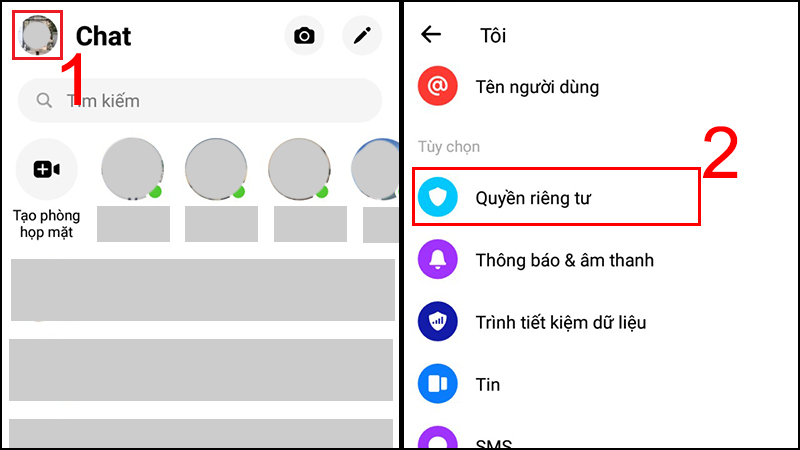 Bấm vào biểu tượng ảnh đại diện cá nhân > Chọn Quyền riêng tư.